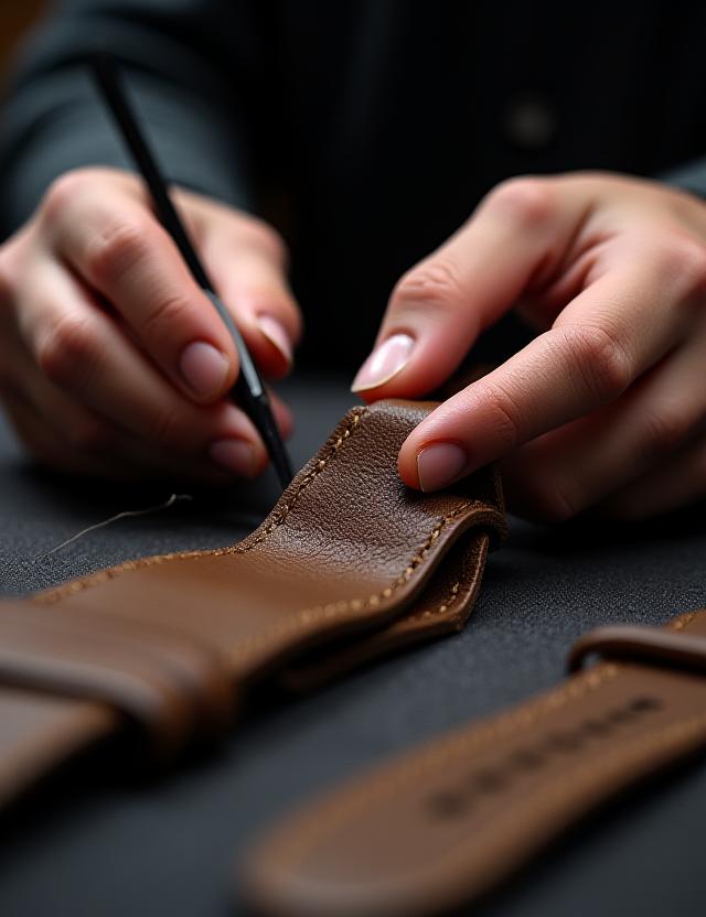 Artigiano al lavoro su un cinturino in pelle